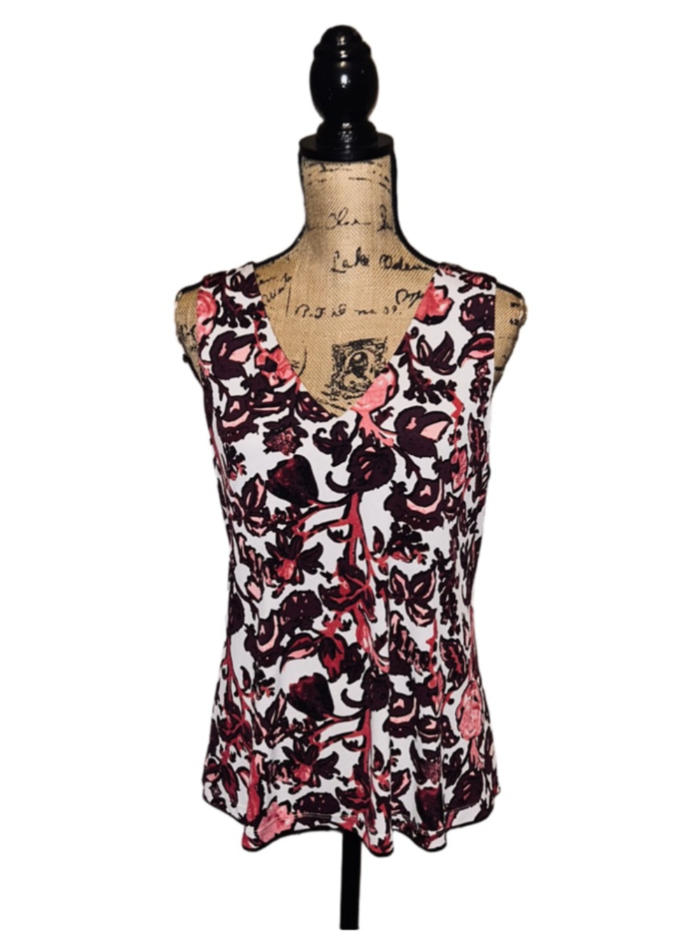 Women's DONNA KARAN NEW YORK Floral Tank Top M White Burgundy